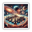 Galactic Chess - Space-Themed Chessboard with Planets and Stars, featured as stickers or digital artwork, showcasing a chessboard against a cosmic background of planets and stars.