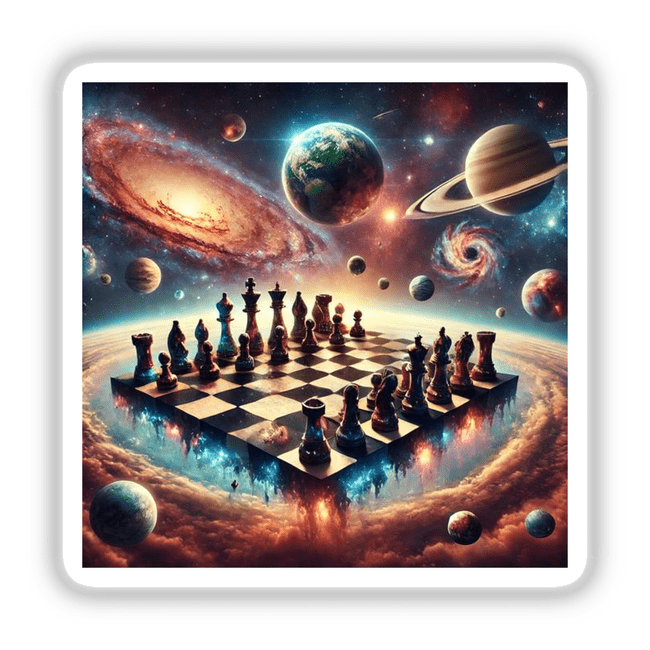 Galactic Chess - Space-Themed Chessboard with Planets and Stars, featured as stickers or digital artwork, showcasing a chessboard against a cosmic background of planets and stars.