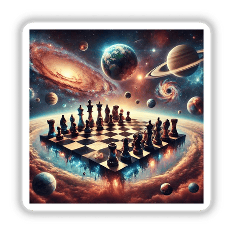 Galactic Chess - Space-Themed Chessboard with Planets and Stars, featured as stickers or digital artwork, showcasing a chessboard against a cosmic background of planets and stars.