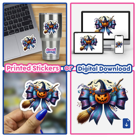 Coquette Bow w/Witch Pumpkin and Broom sticker displayed on a laptop, featuring a cartoon pumpkin with a hat and a broom, ideal for unique decoration.