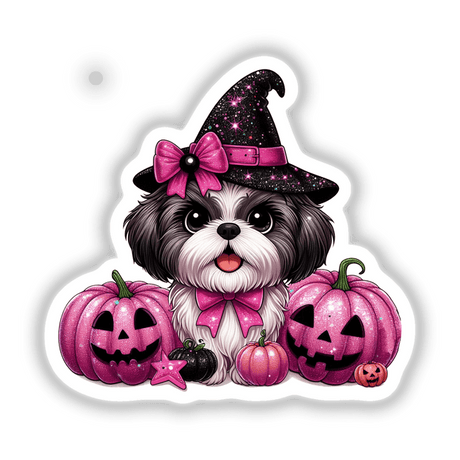 Shih Tzu dog in a person hat surrounded by pink glitter Halloween pumpkins, available as stickers or digital artwork.