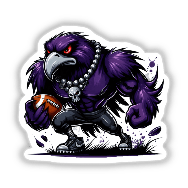 Cartoon of a purple raven holding a football, featuring a monster, skull, and necklace elements. Available as stickers or digital artwork, titled Purple Raven Bird Football Monster Skull Necklace.