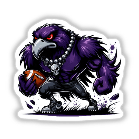 Cartoon of a purple raven holding a football, featuring a monster, skull, and necklace elements. Available as stickers or digital artwork, titled Purple Raven Bird Football Monster Skull Necklace.