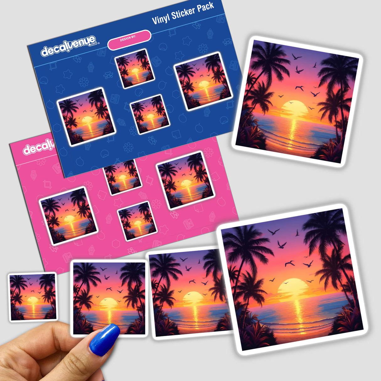 Sticker featuring Vibrant Sunset Seagulls Over Tropical Beach with palm trees and a sunset, held in hand, showcasing Decal Venue's unique vinyl sticker design.