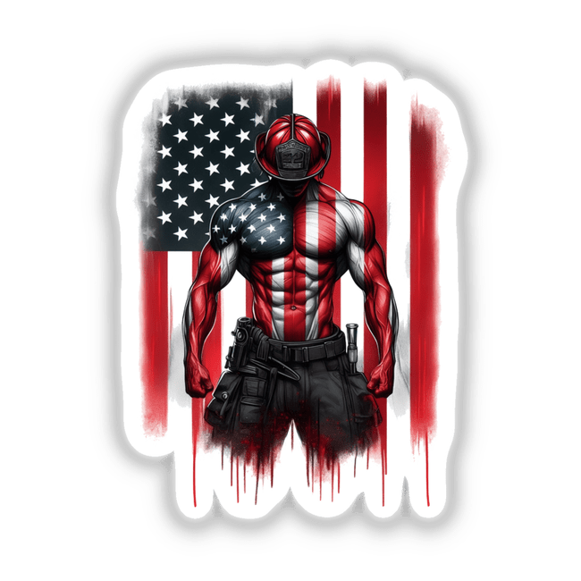 Flexing Firefighter American Flag: Illustrated man with firefighter helmet, body painted as American flag. Available as stickers or digital artwork, showcasing unique, bold design from Decal Venue.