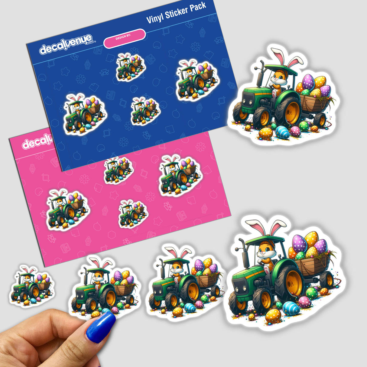 Easter Eggs Bunny Tractor sticker featuring a cartoon rabbit driving a tractor with a cart full of eggs, available as vinyl stickers or digital artwork from Decal Venue.