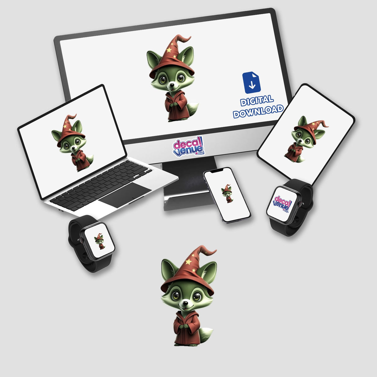 a laptop, phone, and other electronic devices with stickers on them