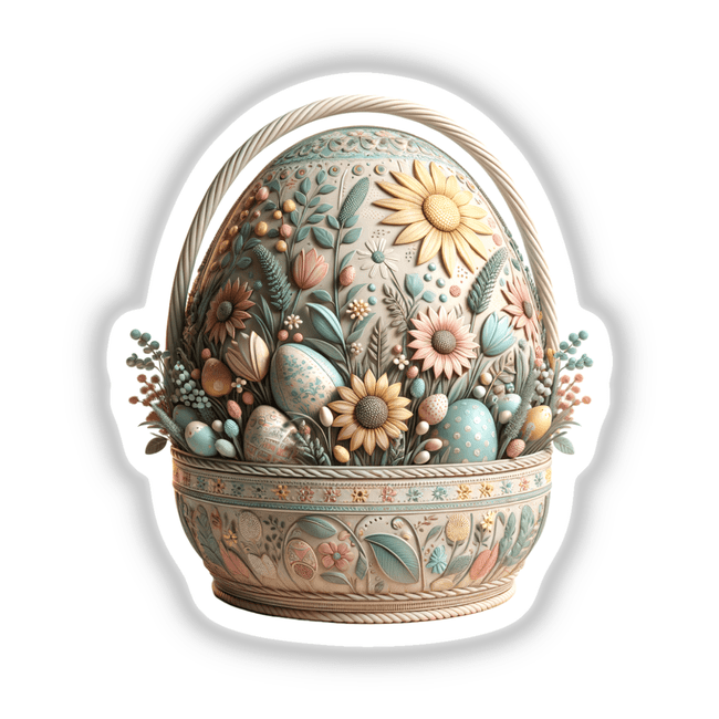 Intricately Designed Easter Egg Basket with Floral Art showcasing a detailed arrangement of flowers and eggs, available as stickers or digital artwork from Decal Venue.