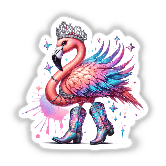 Cowboy Princess Flamingo Bird II illustration featuring a regal flamingo adorned with a crown and cowboy boots, available as unique stickers or digital artwork from Decal Venue.