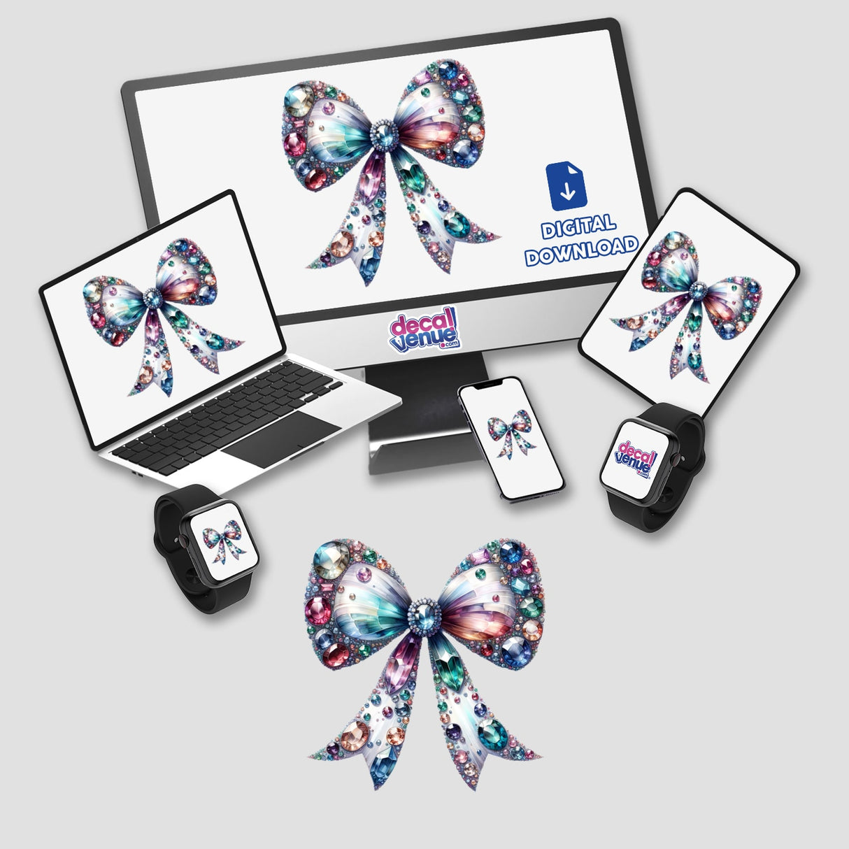 Coquette Bow Jewels and Gemstones digital art featuring a laptop, phone, and smartwatch screens adorned with gem-like bow designs, ideal for creative projects from Decal Venue.