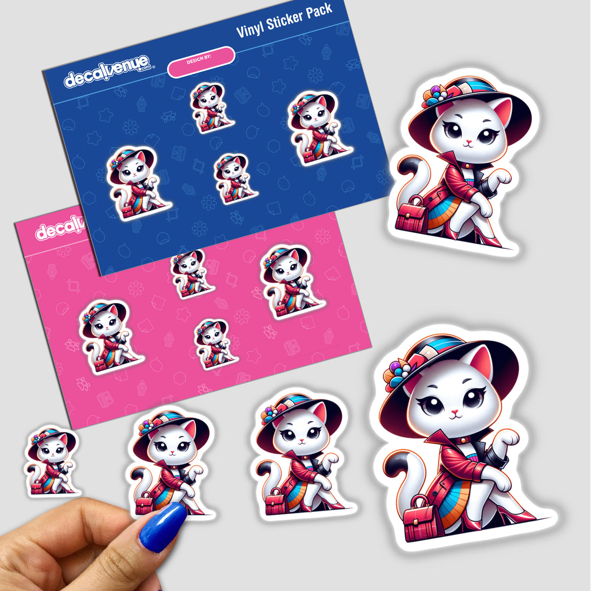 Trendy Cat stickers featuring cartoon cats in various outfits, including hats and coats. A close-up shows a person's finger holding one sticker. Available as stickers or digital artwork.