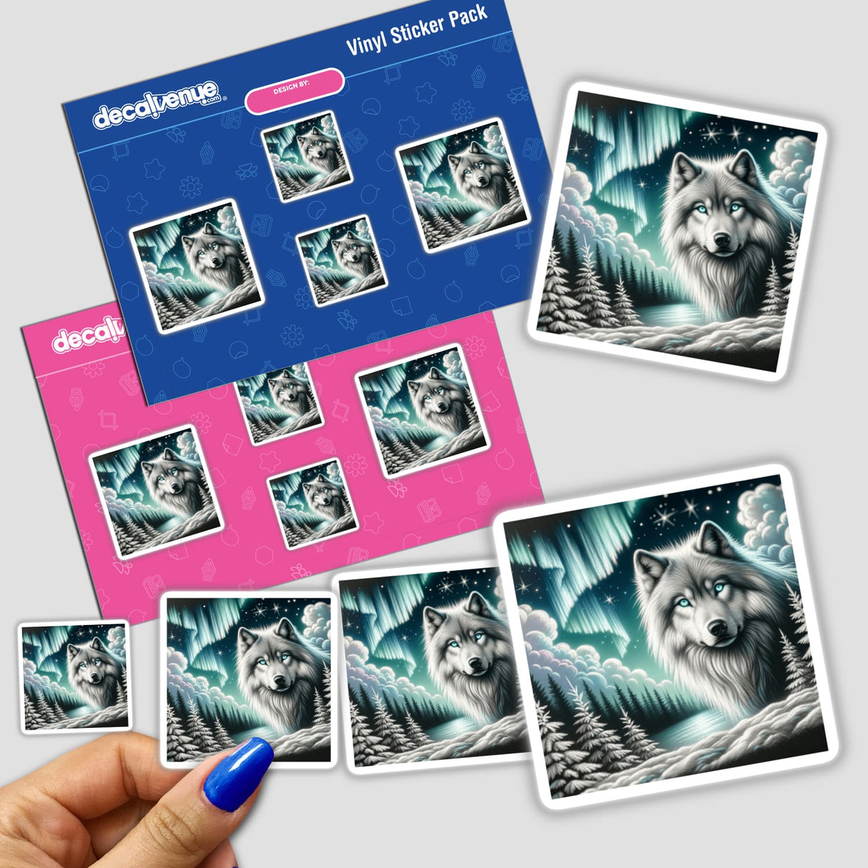 Wolf on a Snowy Ridge Under Aurora Lights sticker, featuring a white wolf with blue eyes, surrounded by trees, highlighting intricate details and unique artistry, available as a sticker or digital artwork.