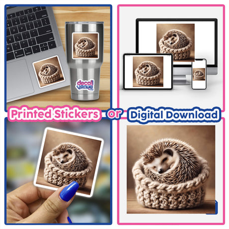 Collage of images showcasing Hedgehog Resting in Knitted Basket available as stickers or digital artwork, featuring close-up shots of a hedgehog nestled in a cozy basket.