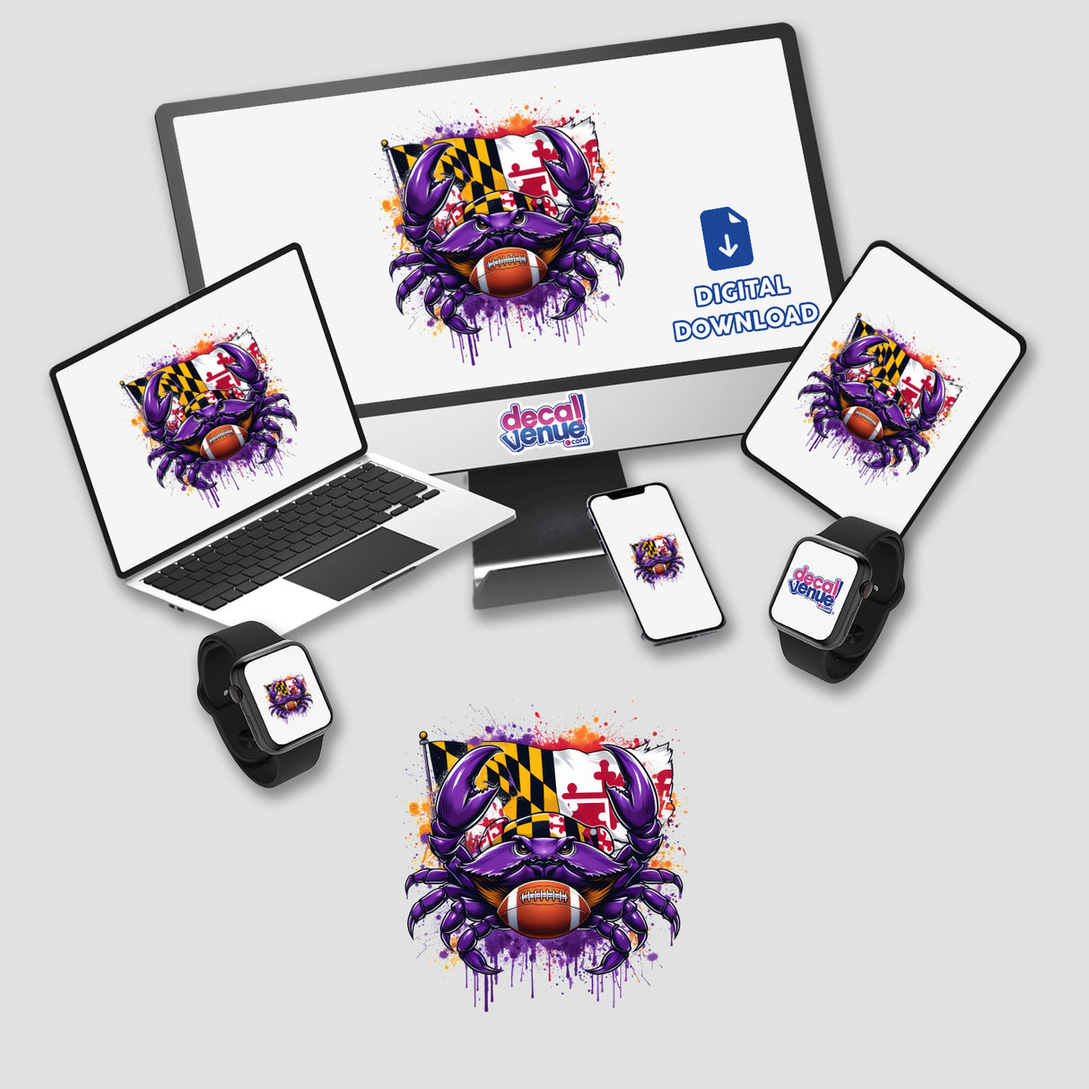 Purple Crab and Football Maryland Flag Splatter: A digital artwork featuring a purple crab holding a football and flag, displayed across various devices like a laptop, tablet, and smartphone. Available as stickers or digital art.