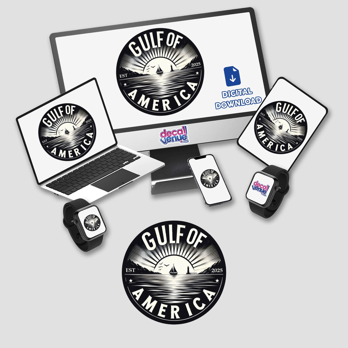 Gulf of America Est 2025 logo featuring a sailboat and lighthouse on a laptop screen, alongside a monitor, watches, and a tablet. Available as stickers or digital artwork.