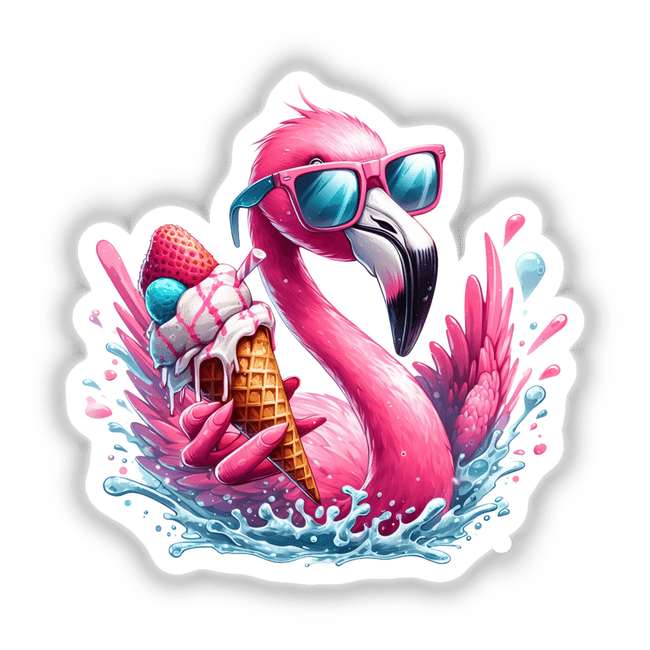 Flamingo Ice Cream Cone Splash: A whimsical cartoon of a flamingo wearing sunglasses, holding an ice cream cone, available as stickers or digital artwork. Perfect for fans of unique vinyl designs.