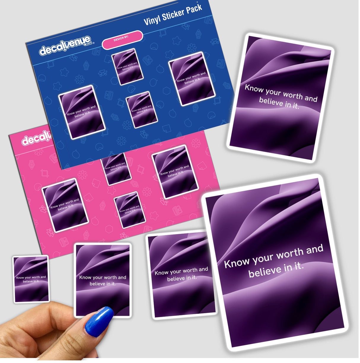Know your worth and believe in it design with flowing purple shapes, offering a calming, elegant visual. Available as stickers or digital artwork.