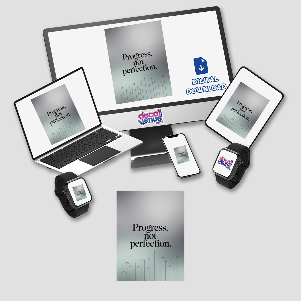 Digital artwork titled 'Progress, not perfection' showing a computer monitor, laptop, and tablet, available as stickers or digital art, embodying a tech-inspired theme.