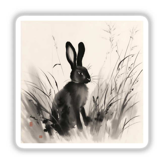 Sumi-e Rabbit Among Wild Grasses Soft Japanese Ink Art, available as stickers or digital artwork, depicts a delicate rabbit amidst wild grasses, showcasing traditional Japanese brushwork.