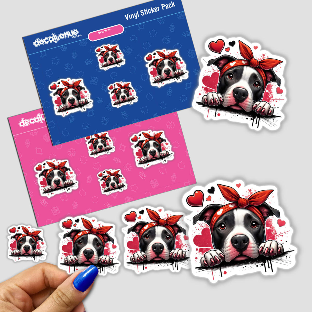 Peeking Pitbull with Heart Head Wrap sticker depicts a lovable pitbull wearing a red heart-patterned bandana, capturing the playful essence of this unique vinyl decal from Decal Venue.