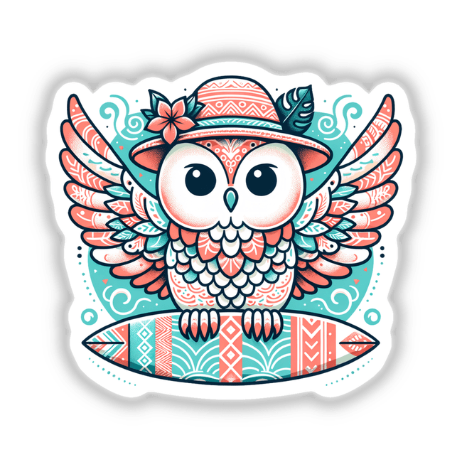 Owl Holding Surfboard in Summer Beach Hat