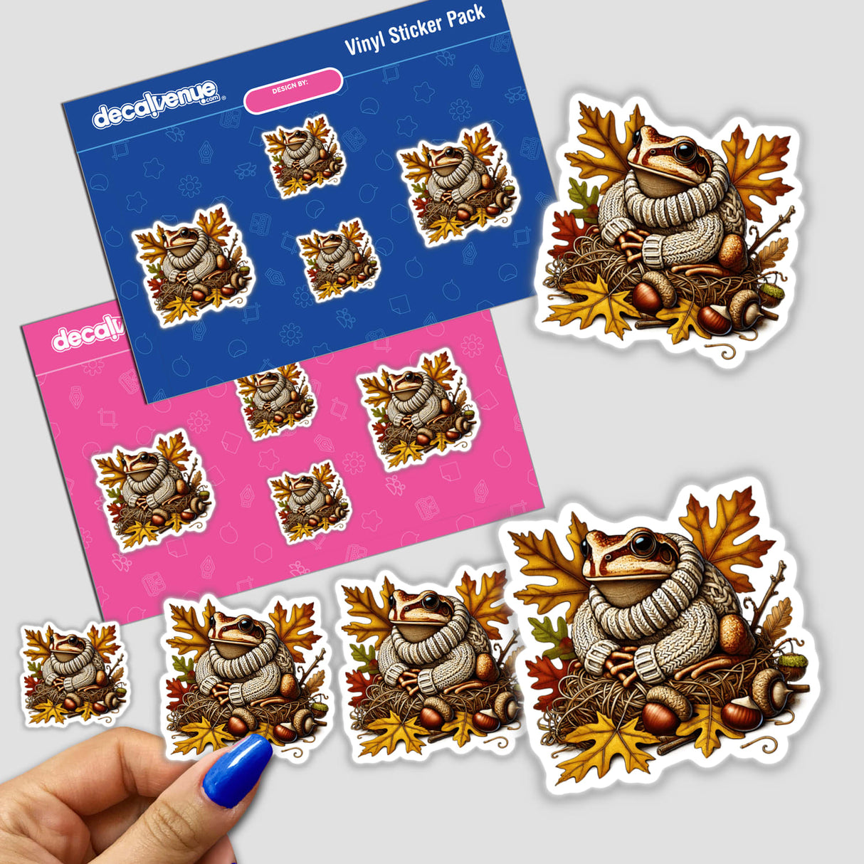 Autumn Frog in Cozy Sweater - Colorful digital stickers with a cute frog wearing a cozy sweater surrounded by fall leaves and acorns, featured in a vinyl sticker pack from the Decal Venue online store.