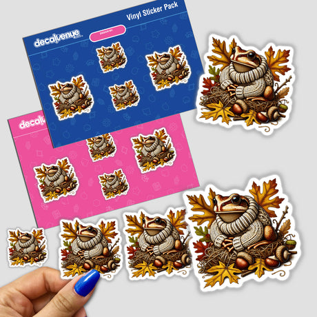 Autumn Frog in Cozy Sweater - Colorful digital stickers with a cute frog wearing a cozy sweater surrounded by fall leaves and acorns, featured in a vinyl sticker pack from the Decal Venue online store.