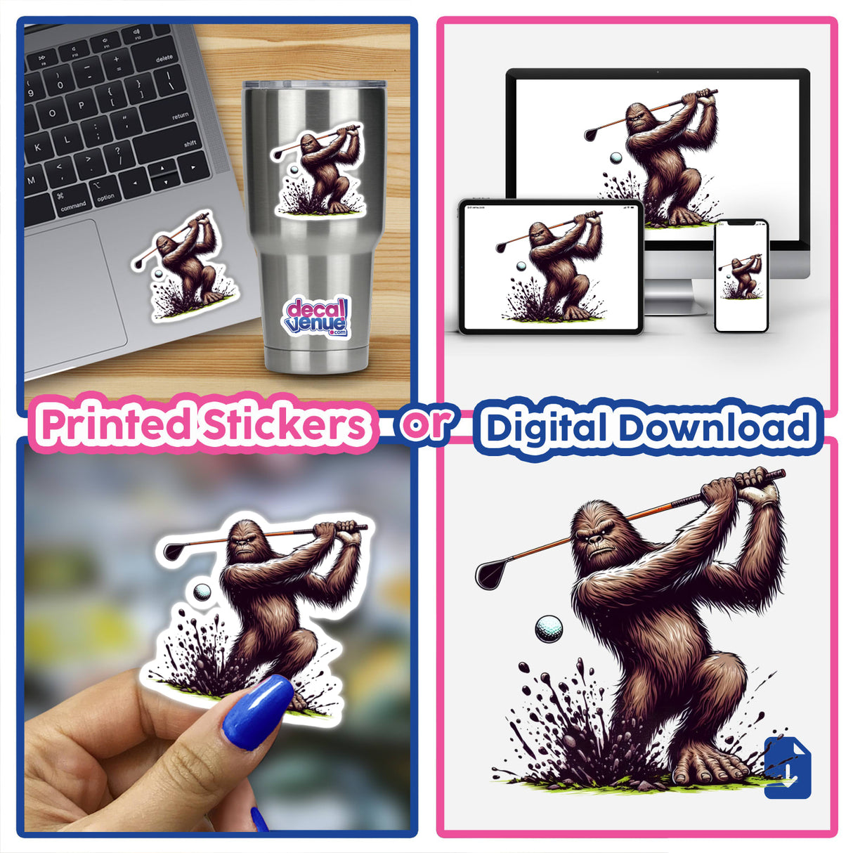 Collage featuring Sasquatch Golfing sticker on a laptop, showcasing a cartoon furry animal swinging a golf club. Available as unique vinyl sticker or digital artwork from Decal Venue.