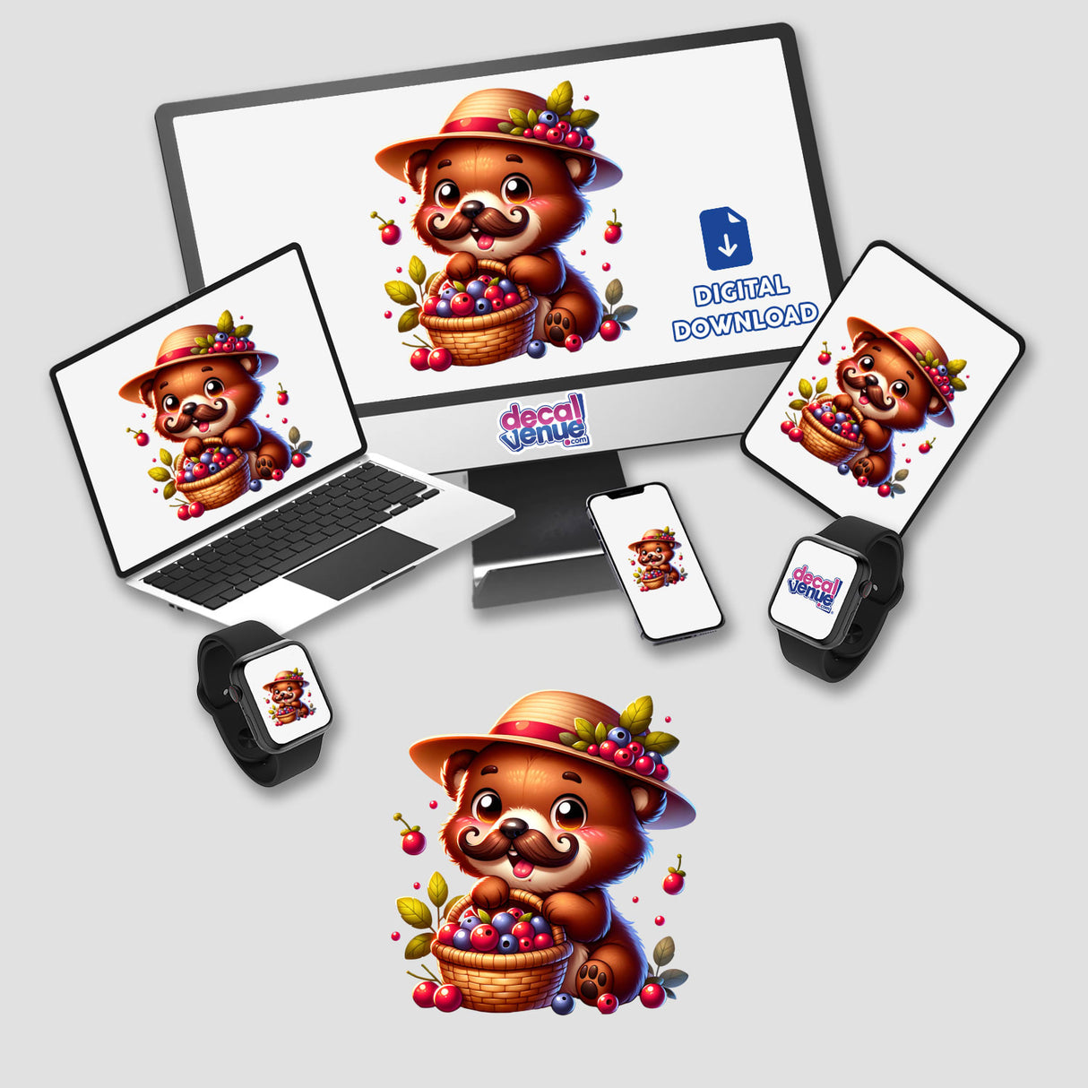 Cute Bear with Mustache Holding Basket of Berries