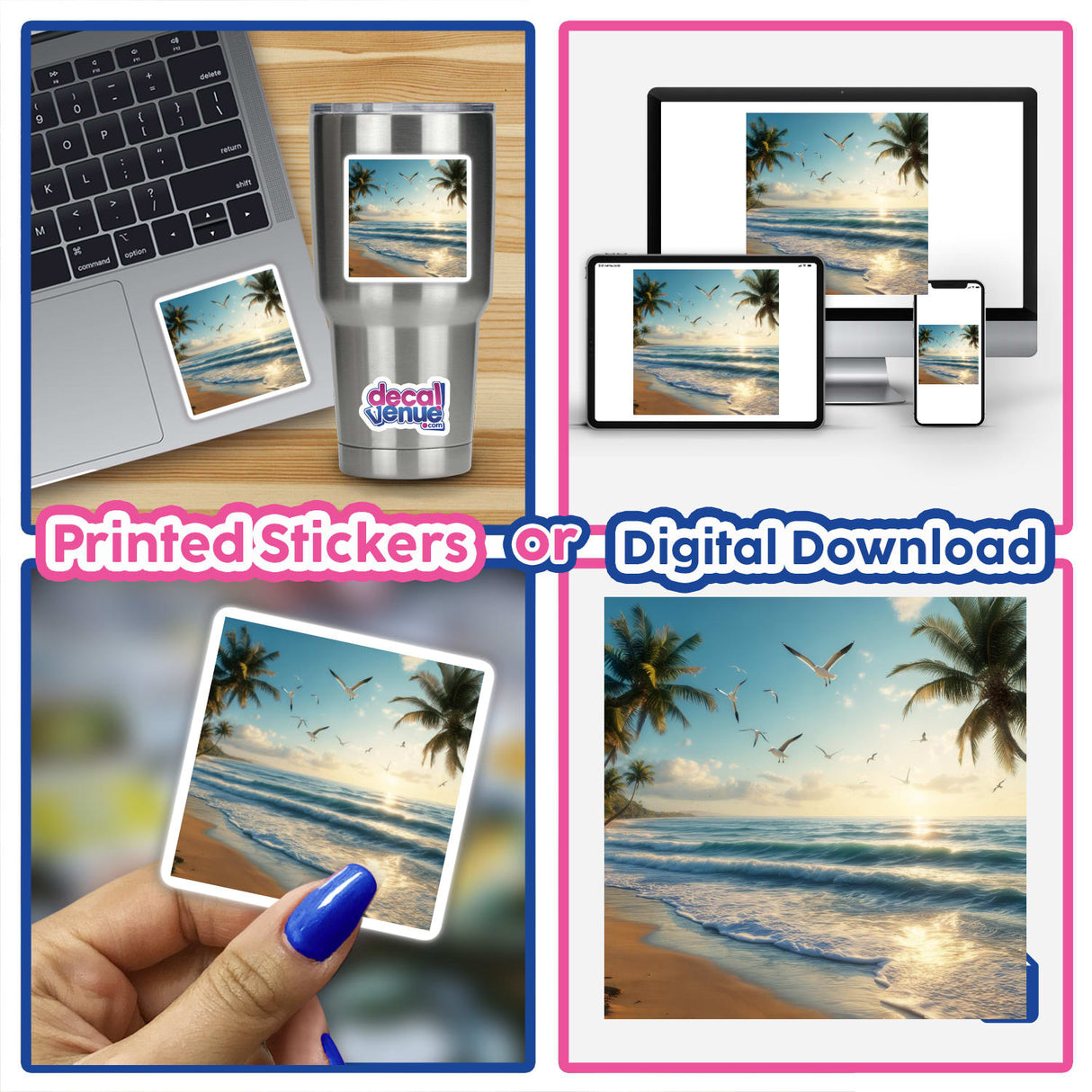 Serene Sunrise Seagulls Over Ocean Waves: A digital artwork collage featuring a beach scene with seagulls and a laptop display, available as stickers or digital art from Decal Venue.