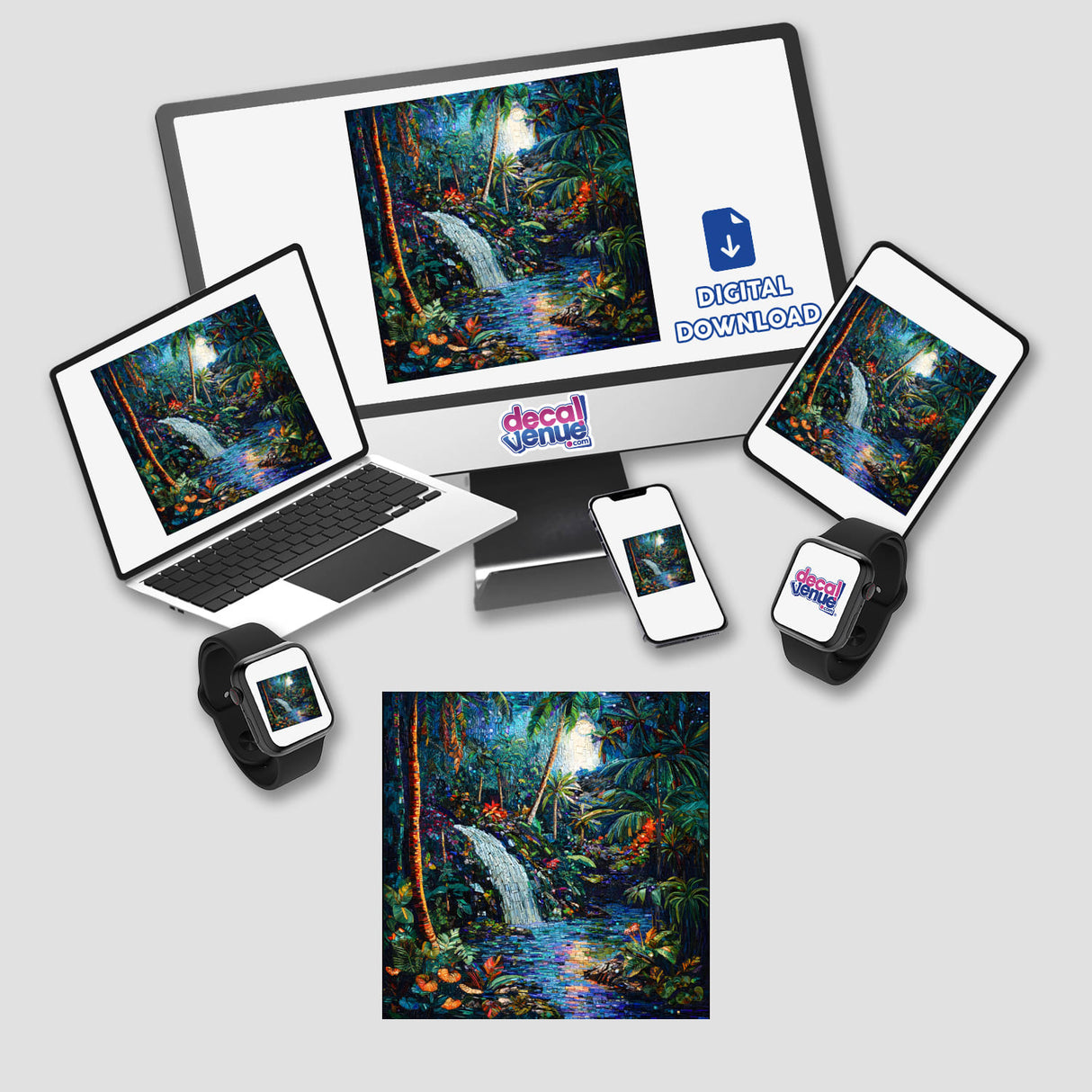 Floating Island and Tropical Rainforest Mosaic displayed on various devices, including a laptop, tablet, and smartwatch, showcasing detailed digital artwork available as stickers or digital prints.