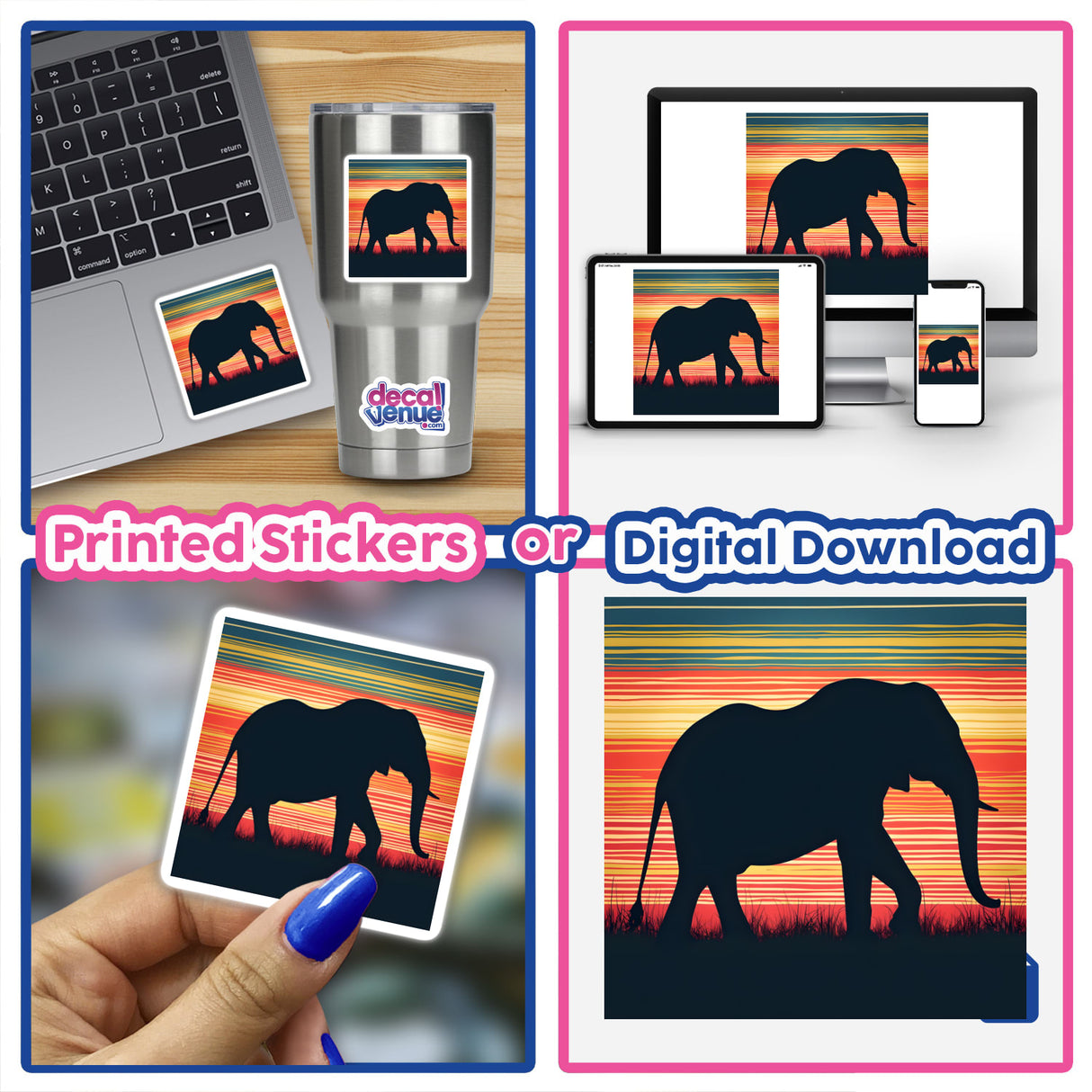 Elephant Silhouette with Vibrant Stripes: A collage featuring various elephant images, including silhouettes and scenes of elephants walking, ideal as stickers or digital artwork.