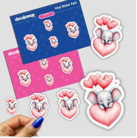 Cute Watercolor Sleepy Elephant with Heart Balloons stickers; features charming elephants with whimsical heart balloons, ideal for personalizing gifts or decor from Decal Venue.