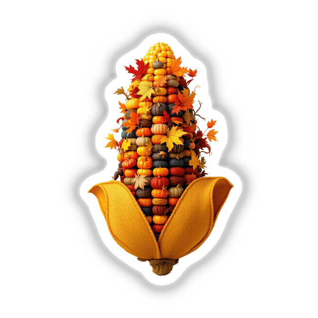 Thanksgiving Harvest Corn Knit Fabric Style featuring a creative corn design made from vegetables and leaves, available as stickers or digital artwork.
