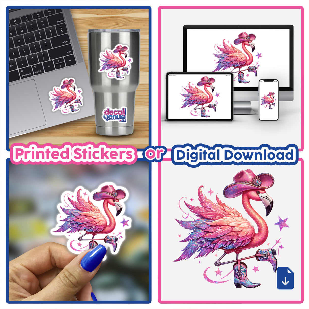Two Stepping Country Cowboy Flamingo depicted in whimsical style, available as stickers or digital artwork, embodying Decal Venue’s unique charm in vinyl stickers and digital art.