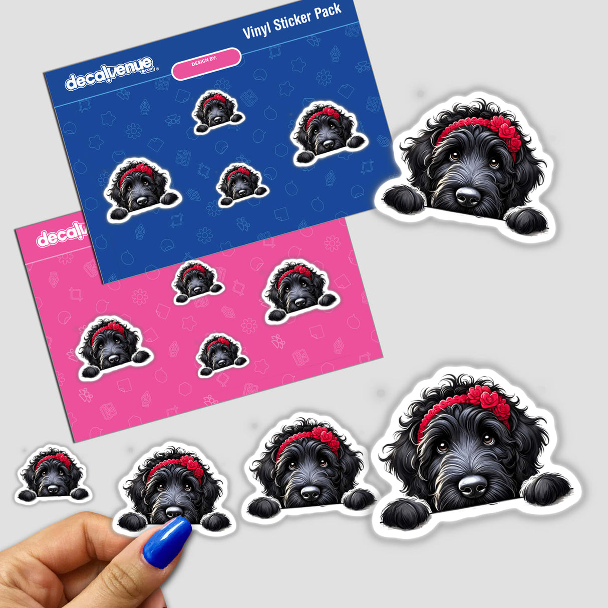 Peeking Black Goldendoodle Dog sticker featuring a black dog adorned with a red flower headband, available as both a sticker and digital artwork. Perfect for dog lovers from Decal Venue.