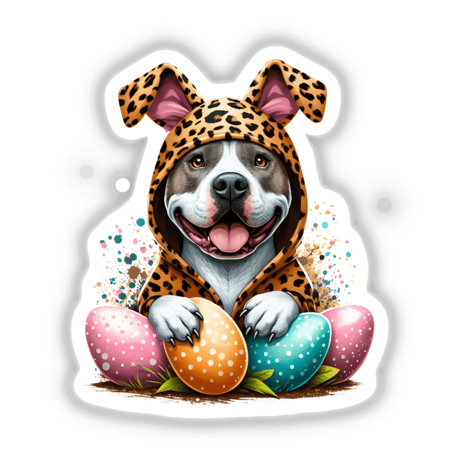 Easter Pitbull in Leopard Bunny Outfit depicted as a dog wearing a leopard print hoodie and holding colorful eggs, available as unique vinyl stickers or digital artwork from Decal Venue.