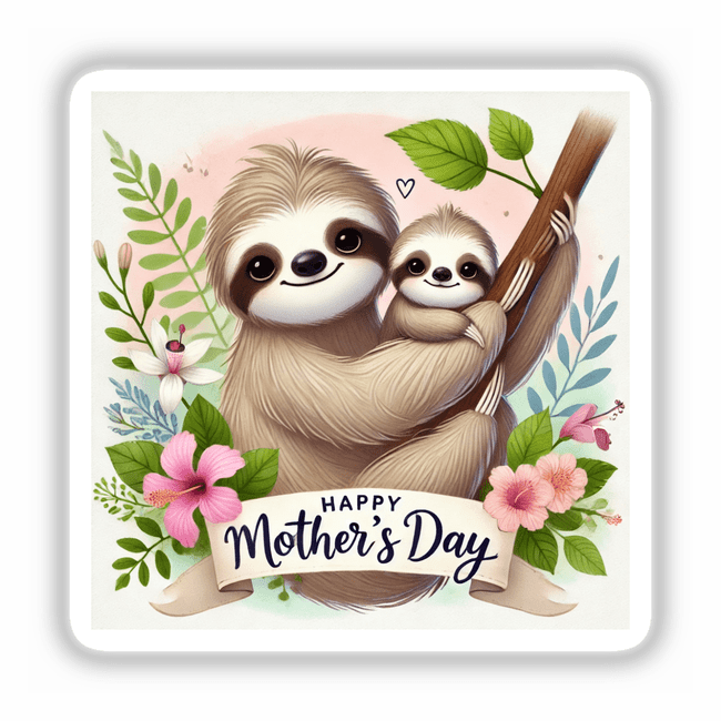Sloth happy mother's day illustration for mother featuring cartoon sloths cuddling amid flowers, available as stickers or digital artwork from Decal Venue.