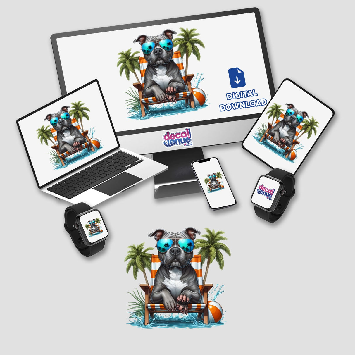 Cool Dude Gray Pitbull sitting in a beach chair with sunglasses, featured on both a computer monitor and laptop screen, available as stickers or digital artwork from Decal Venue.