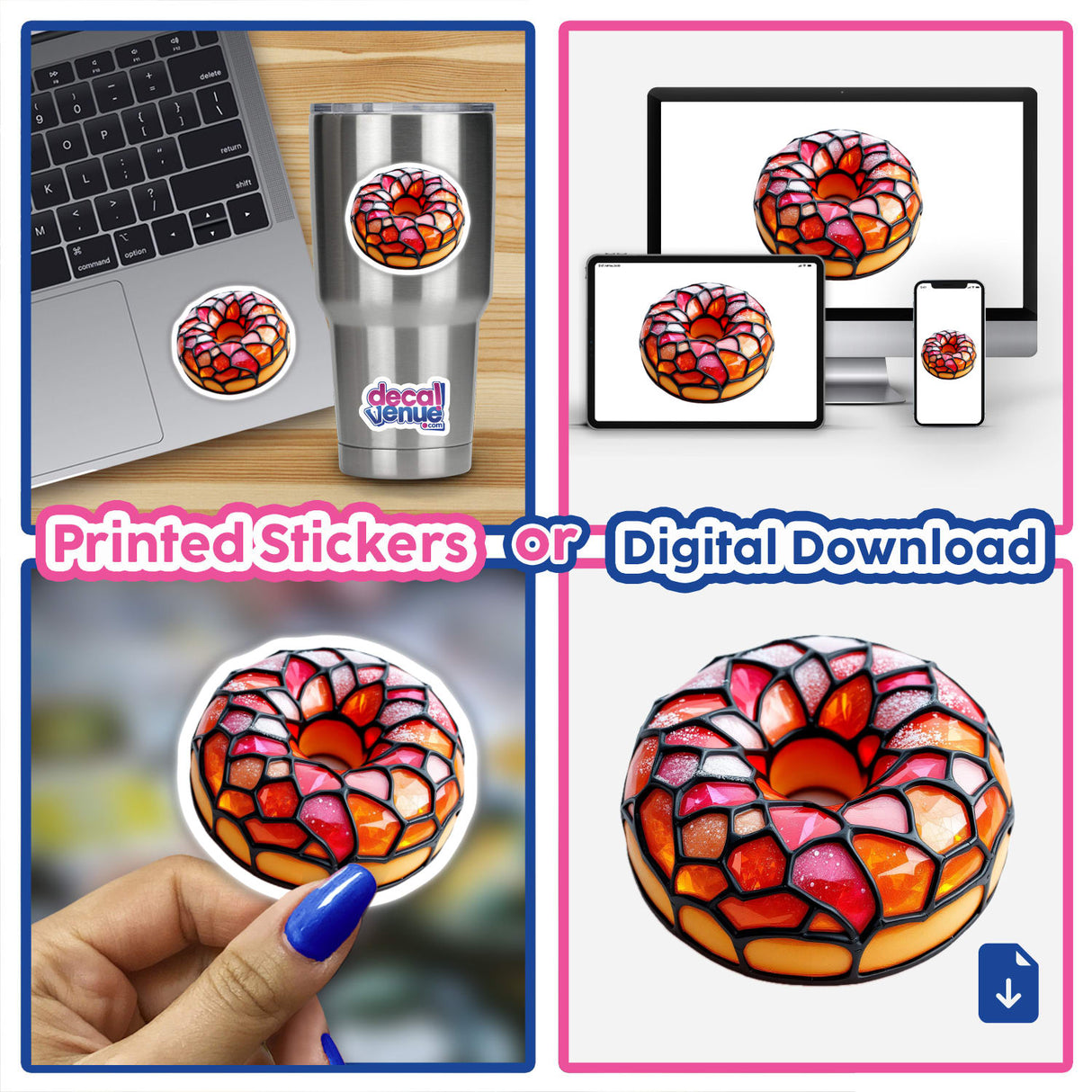 Sufganiyah (Jelly Donut) Stained Glass Style sticker, featuring a vibrant, stained glass design. The image collage highlights its unique pattern, showcasing the product's artistic detail suitable for digital artwork or stickers.