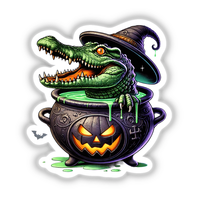 Crocodile peeking out of cauldron Halloween digital artwork with pumpkin and bats
