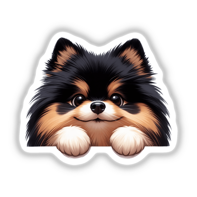Peeking Tan and Black Pomeranian Pom Dog II depicted as a charming sticker or digital artwork, capturing the fluffy dog's curious expression. Perfect for fans of unique vinyl stickers and digital art.