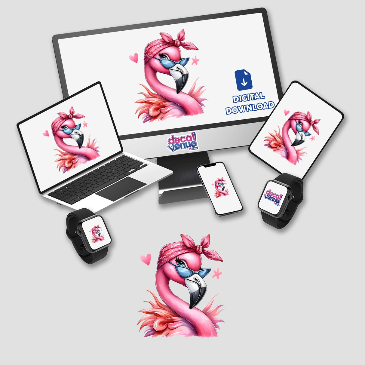 Vibrant digital artwork of a sassy pink flamingo with a bandana, surrounded by hearts and stars, displayed on various digital devices.