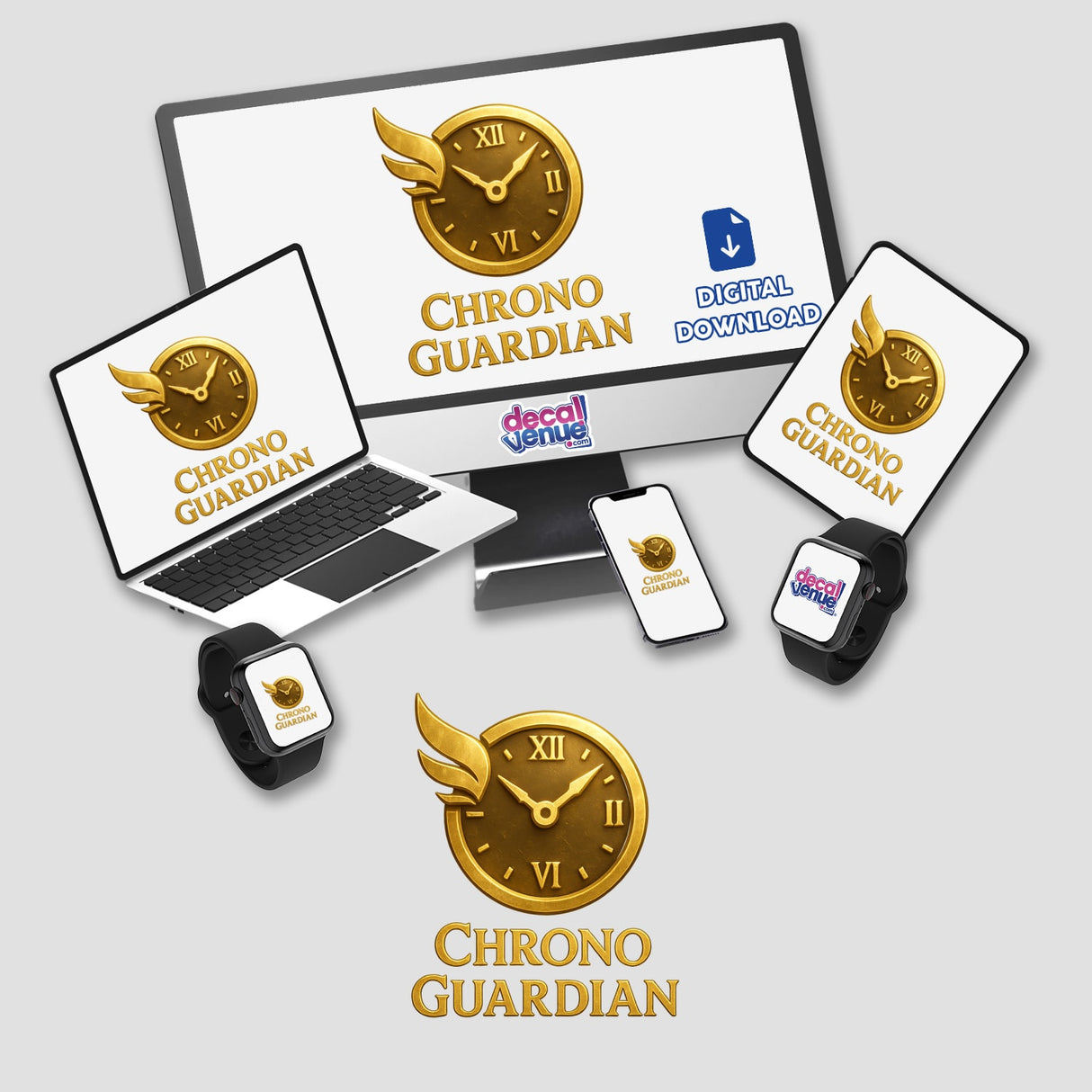 Chrono Guardian – RPG-Style Skill Badge (Gold Timekeeper Shield) displayed as a detailed sticker or digital art, featuring intricate emblem design reflective of Decal Venue's unique artistic flair.