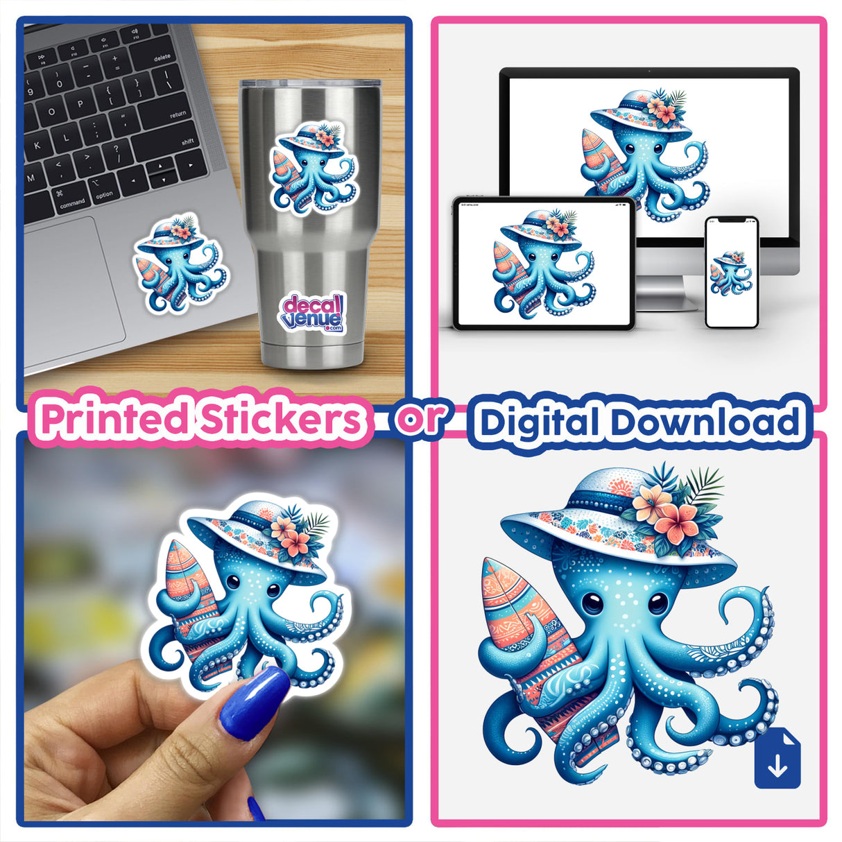 Octopus Holding Surfboard in Summer Beach Hat.png