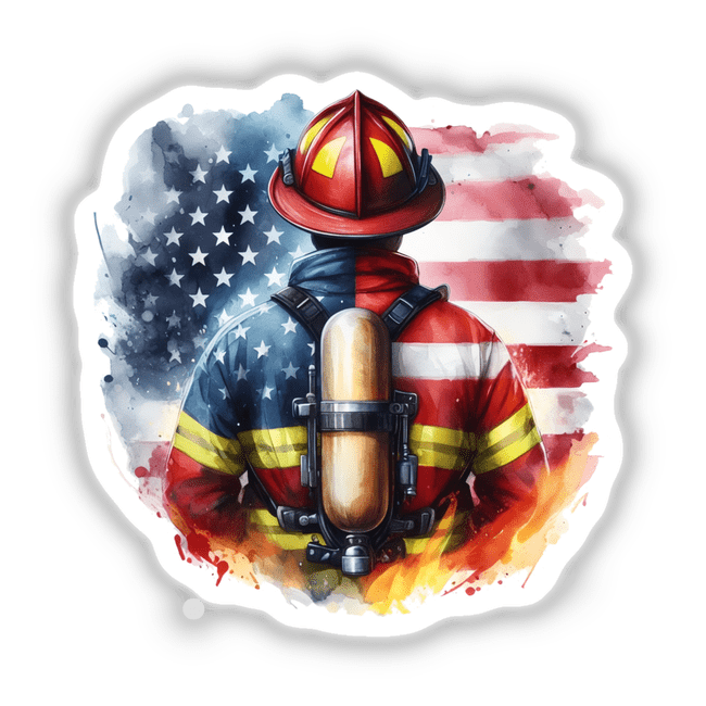 Firefighter Etched Into American Flag II: A digital artwork depicting a cartoon firefighter with a helmet, integrated into an American flag design, available as stickers or digital art.