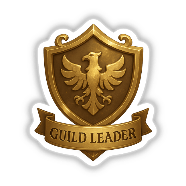 Guild Leader – RPG-Style Skill Badge shows a gold heraldic emblem, available as stickers or digital artwork, embodying the unique vinyl and digital art style of Decal Venue.