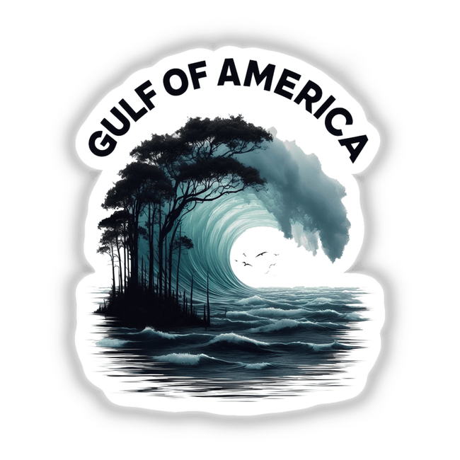 Gulf of America artwork featuring a dynamic wave with embedded trees and birds, available as stickers or digital art from Decal Venue.