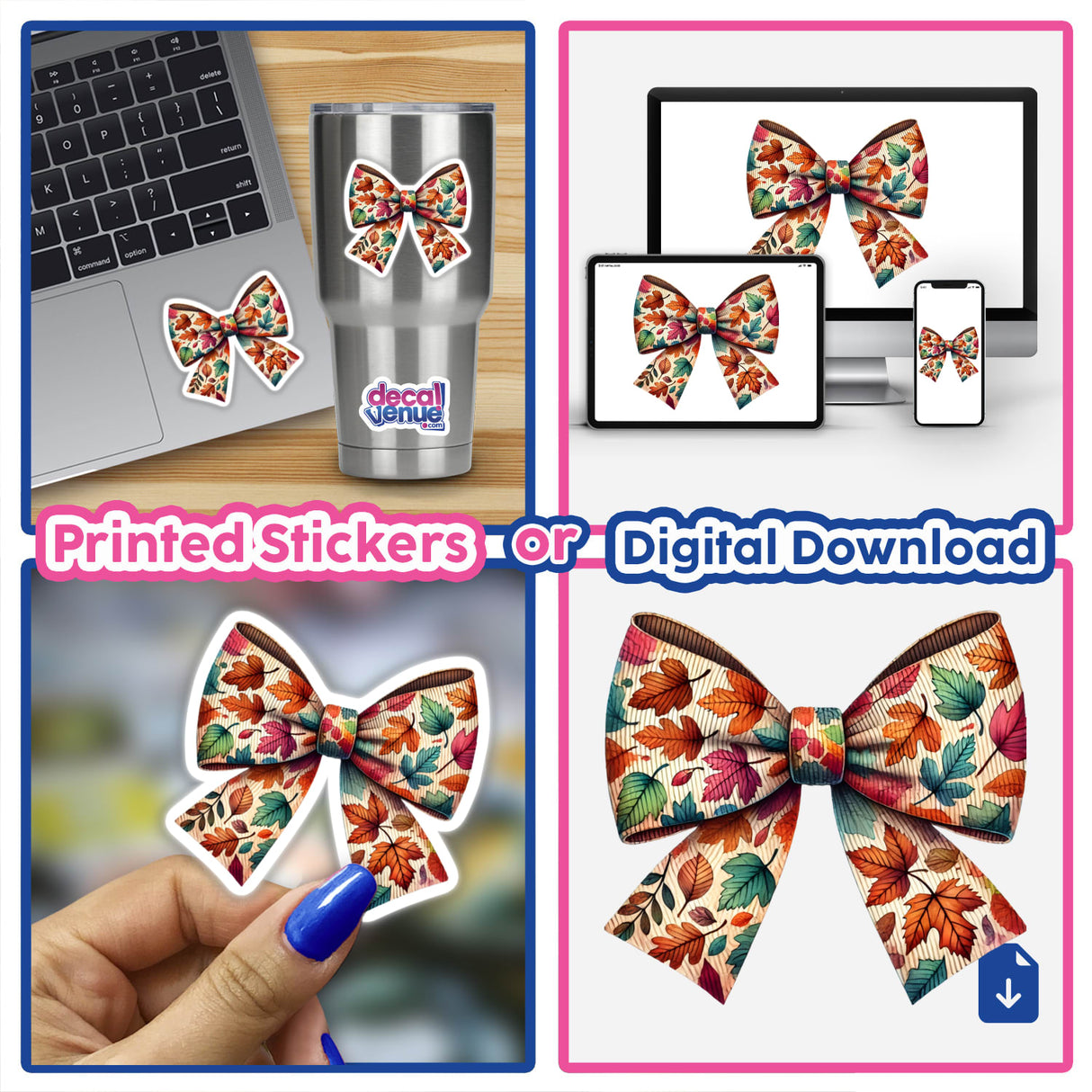Autumn Leaves Pattern Coquette Bow collage featuring a laptop adorned with a bow. Available as stickers or digital artwork.
