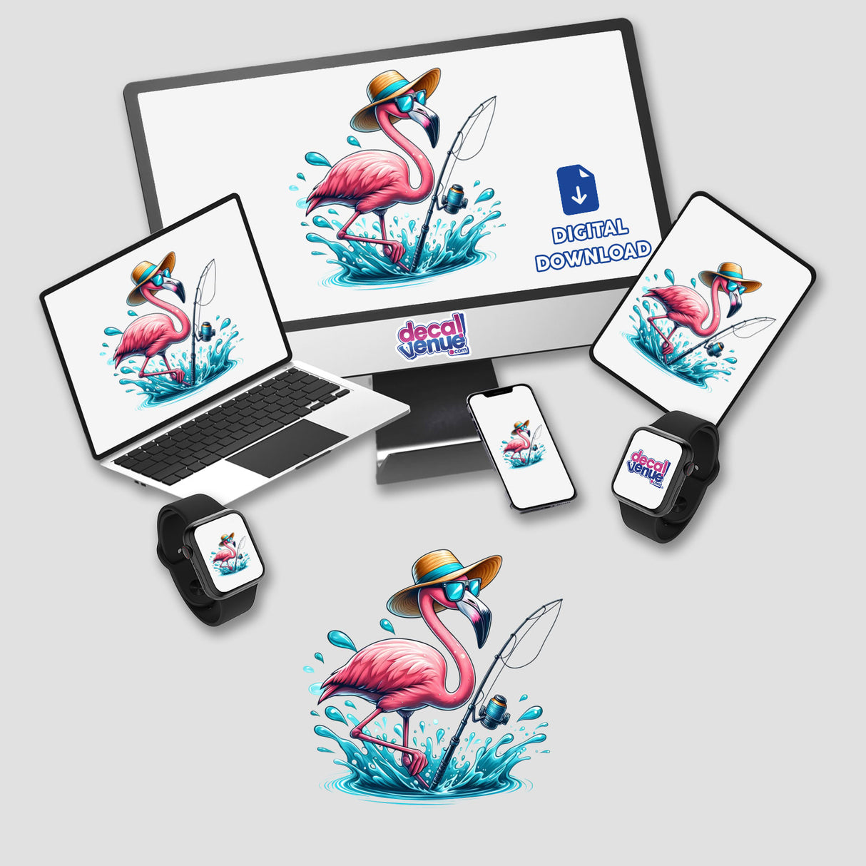 Summertime Flamingo Fishing artwork features digital illustrations of flamingos, seen on a monitor, laptop, tablet, and smart watch, available as stickers or digital art at Decal Venue.